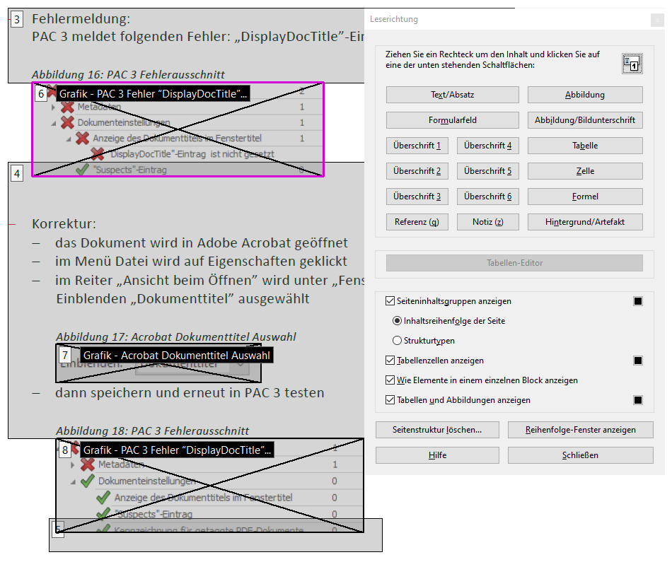 Dialogfenster Lesereihenfolge in Adobe Acrobat Pro unter anderem mit der Funktion Abbildung