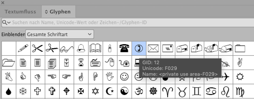 Ansicht der Glyphen-Palette in Adobe InDesign.