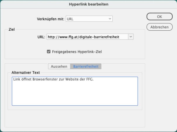 Hyperlink-Fenster in InDesign. Unter dem Reiter Barrierefreiheit kann ein alternativer Text eingegeben werden (der bei der Verwendung von MadeToTag automatisch generiert wird).