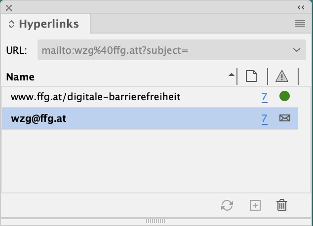 Hyperlinks-Palette in InDesign. Ein aktive URL ist mit einem grünen Punkt, eine aktive Mail-Adresse ist mit einem Briefkuvert-Symbol versehen.