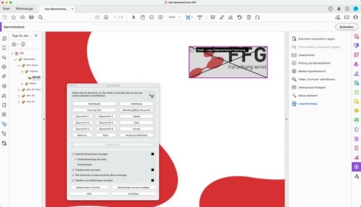 PDF-Dokument in Adobe Acrobat Pro mit geöffnetem Fenster in das Submenü Barrierefreiheit und weiterführend Lesereihenfolge. Im PDF-Dokument ist ein Logo rosa umrandet, das über das Fenster der Lesereihenfolge als Abbildung neu definiert wird.