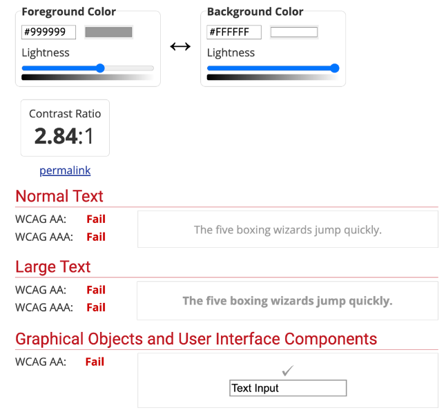 Negatives Prüfergebnis mit dem Farbkontrast-Checker von WebAIM. Durch Regler oder direkte Eingabe der Farbwerte wird das Kontrastverhältnis für normalen Text, großen Text und grafische Objekte angezeigt.