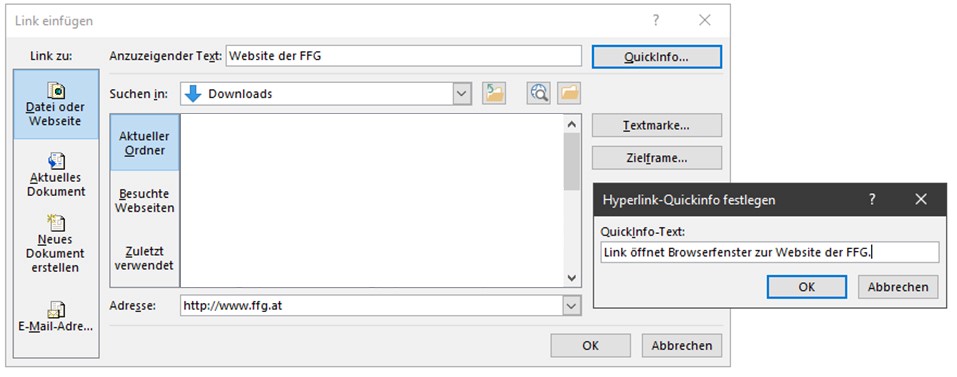 Funktion Link einfügen in Word. Das Fenster Hyperlink-Quickinfo festlegen ist geöffnet.