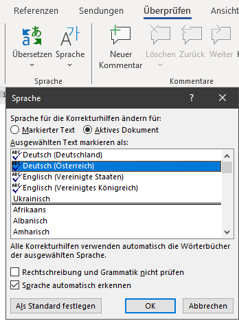 Funktion Sprache festlegen: Deutsch (Österreich) ist für das aktive Dokument ausgewählt